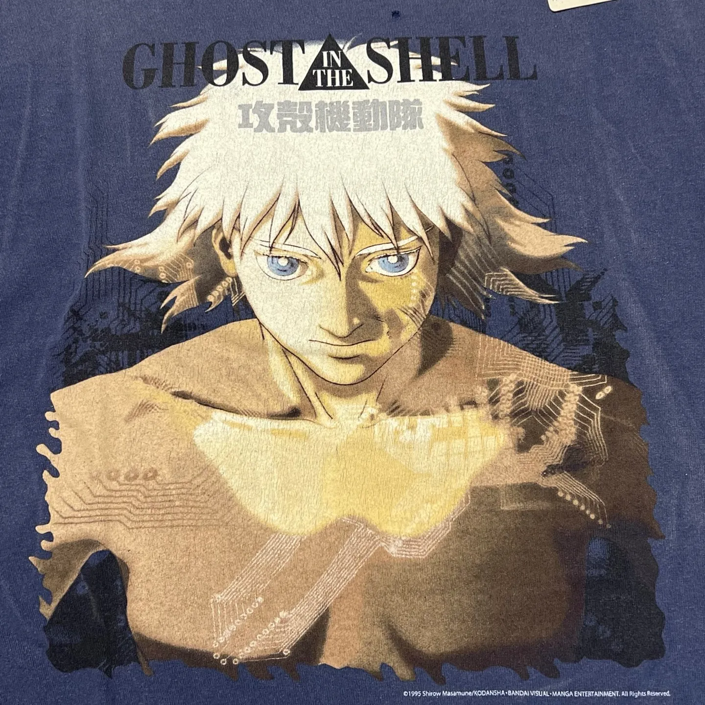 SAINT Mxxxxxx × Ghost in the Shell GS_SS TEE/GST IN THE SHELL/NVY Ghost in the Shell co-branded distressed short-sleeves White-haired plain character TEE Washed blue S-XL Look for the cylindrical fabric with no side seams. The open width is almost meaningless Asut ready-made garments dyed The whole piece is sprayed with horsetail. The collar and cuffs are faded. The collar and cuffs are frayed. Many hangings are worn. The oversized printing position restores the authenticity level. Customized joint main mark/wash mark/with little angel anti-counterfeiting mark